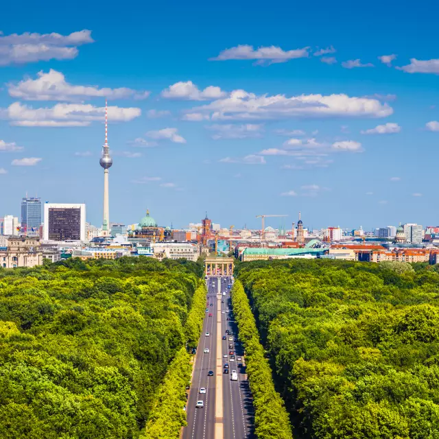 Berlin Skyline with view to the Tiergarten and the Brandenburg Gate and TV Tower